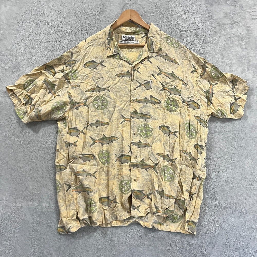 COLUMBIA Shirt Men's XL VTG 90s Fishing Graphic Button Up Short Sleeve